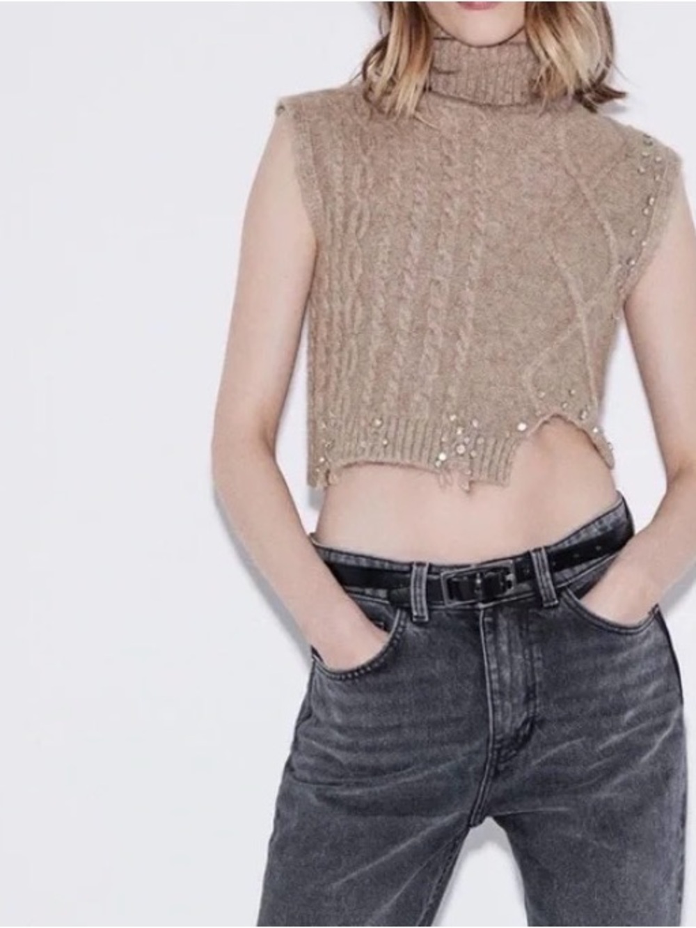 Zara Sleeveless Turtleneck Cable Knit Vest with Embellishments